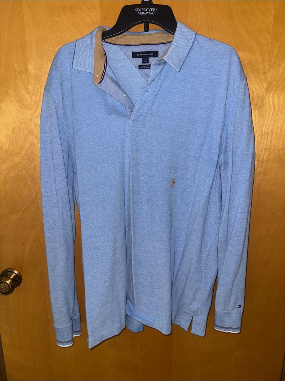 Tommy Hilfiger Light Blue Long-Sleeve Polo with Contrast Collar Trim